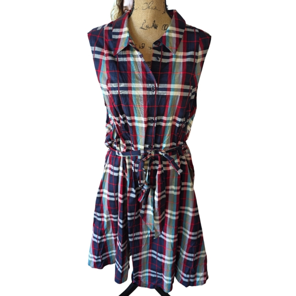 Torrid Womens Plus Size 4 Plaid Sleeveless Button Front Belted Shirt Dress Navy - Picture 2 of 9
